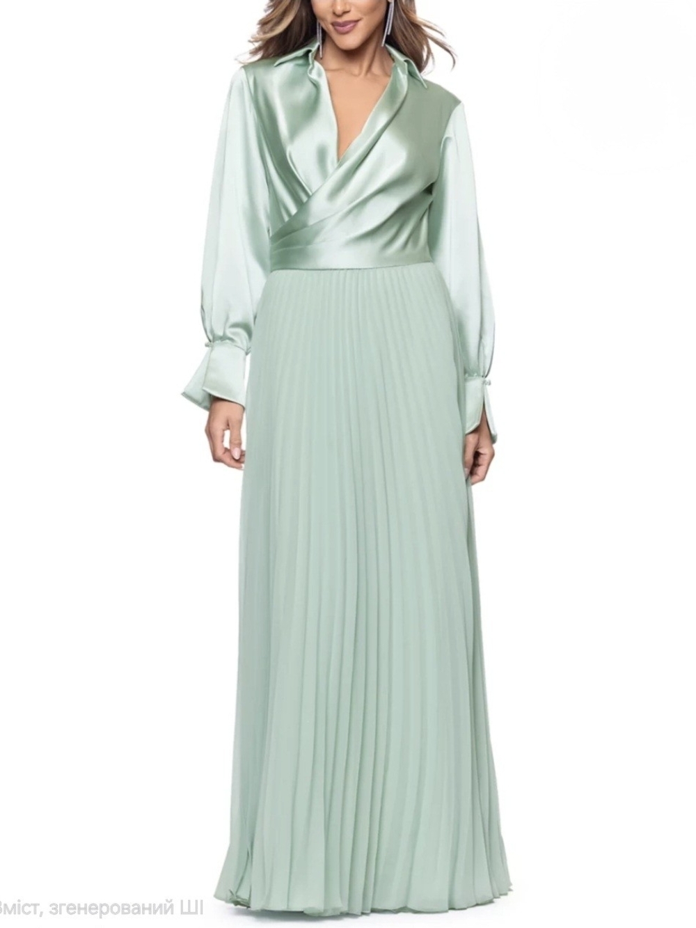 Xscape Sage Satin Surplice Pleated Maxi Dress Gown Size 10 (Damage)